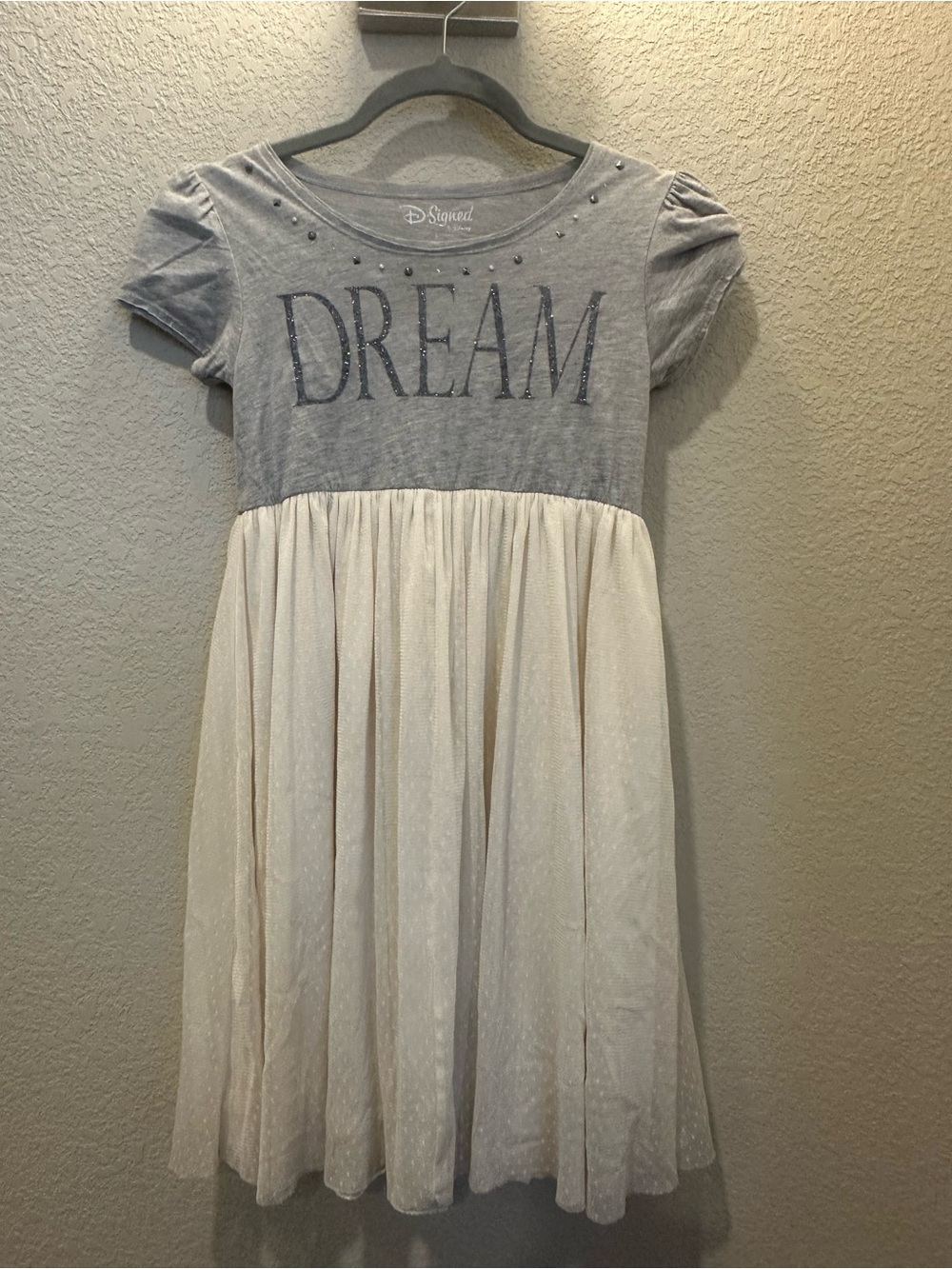 Dream Embellished Two-Tone Girls Dress - Gray & Cream